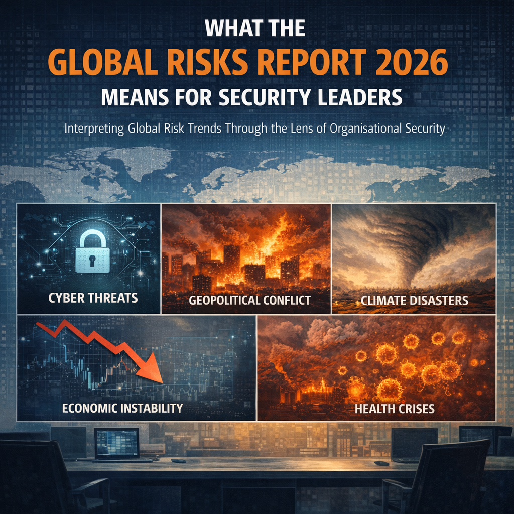 Global security risk analysis concept showing a world map with interconnected risk nodes, digital network lines, geopolitical tension zones, and security analytics dashboards, dark blue corporate theme, modern analytical aesthetic